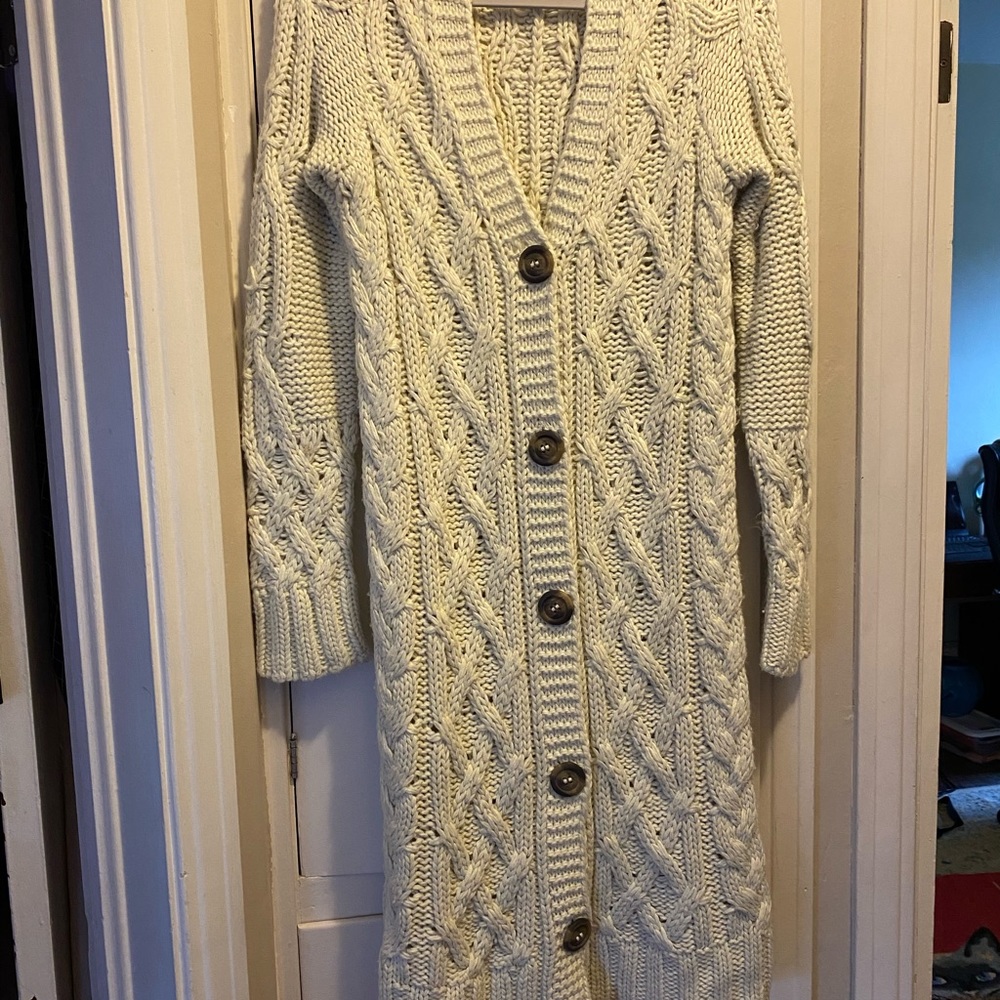 long cable net cream winter sweater full length